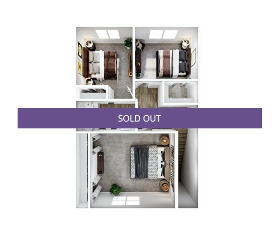 A 3D image of the 3BR/2BA floorplan, a 1100 squarefoot, 3 bed / 3 bath unit