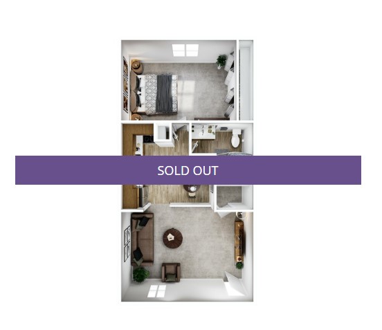 A 3D image of the 1BR/1BA – A1 floorplan, a 600 squarefoot, 1 bed / 1 bath unit