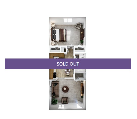 A 3D image of the 1BR/1BA – A2 floorplan, a 500 squarefoot, 1 bed / 1 bath unit