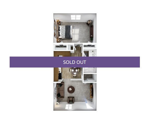 A 3D image of the 1BR/1BA – A3 floorplan, a 460 squarefoot, 1 bed / 1 bath unit